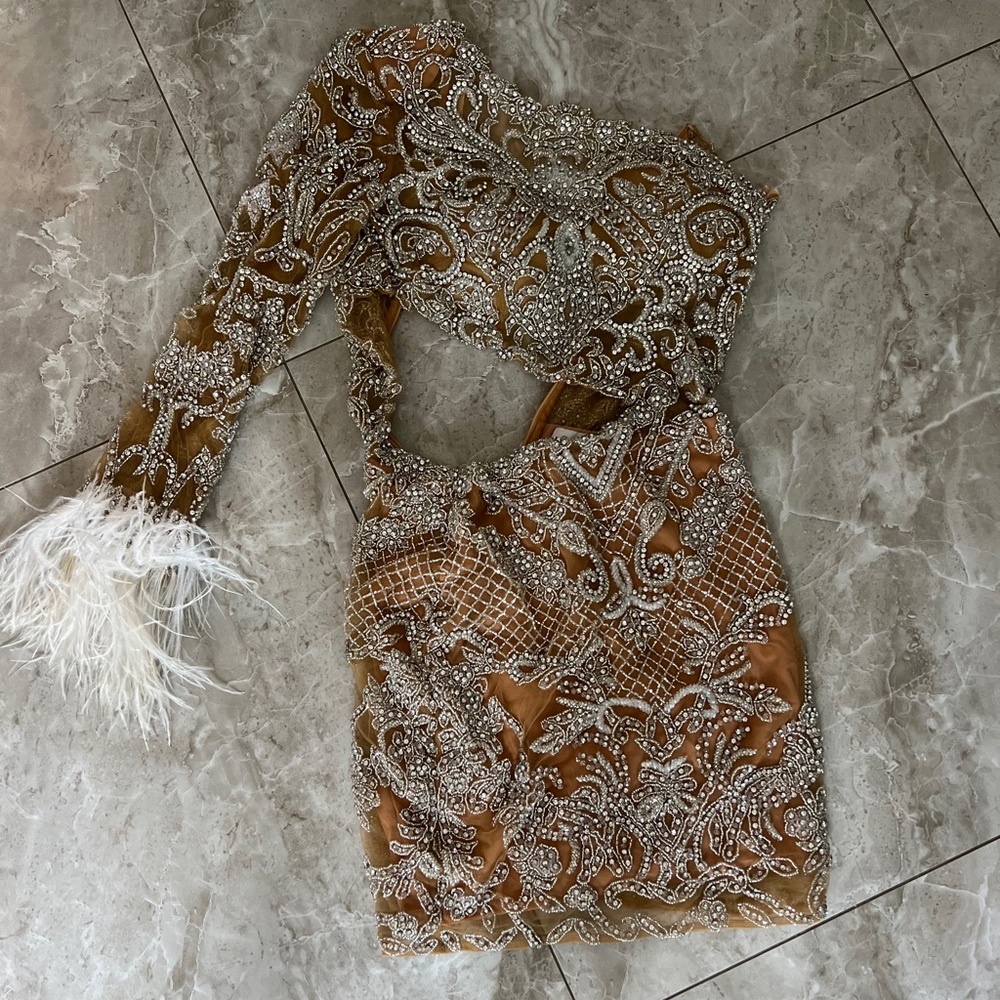 Ashley Lauren Feather Cuff One Shoulder Cocktail Dress - Picture 3 of 5